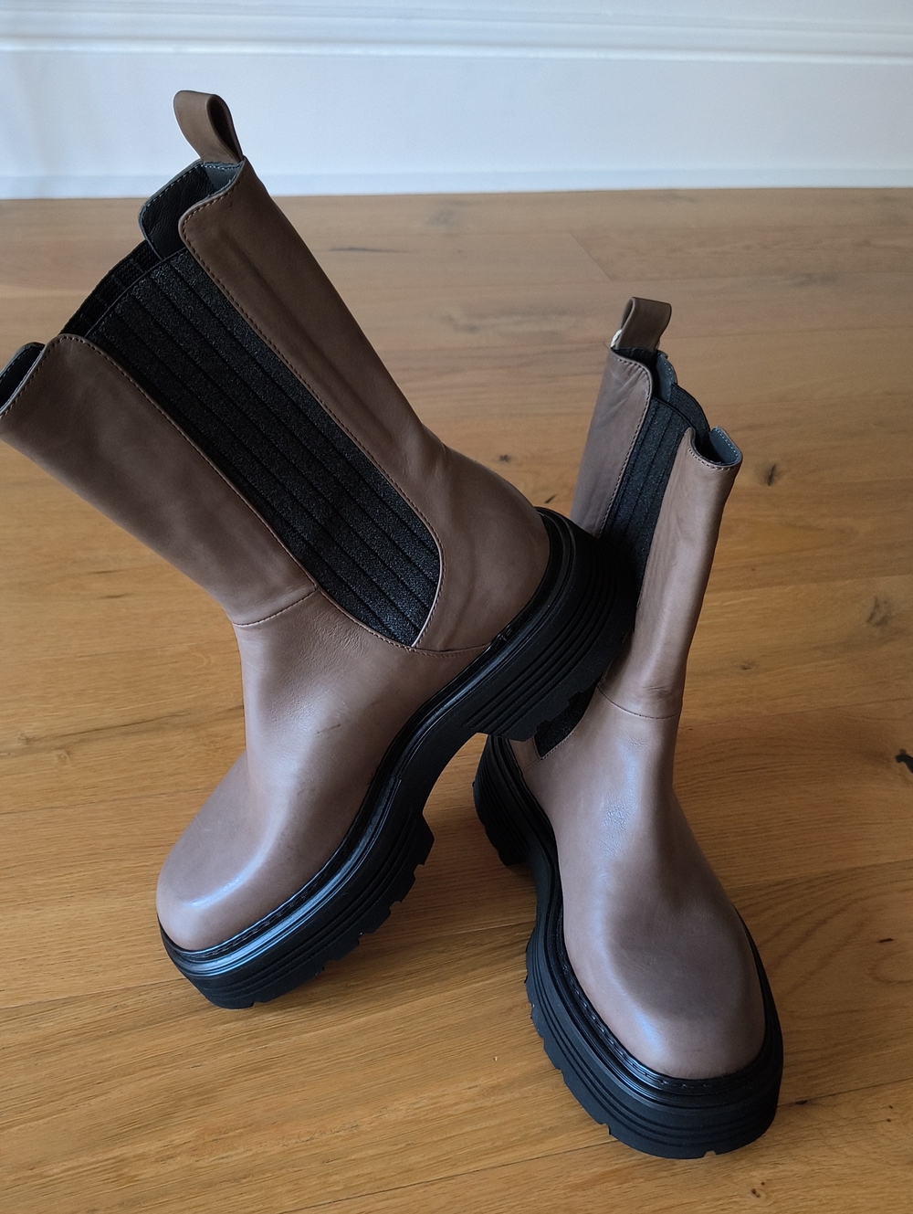 Italian Platform Ankle Boots in Taupe with Black Stretch. Made In Italy